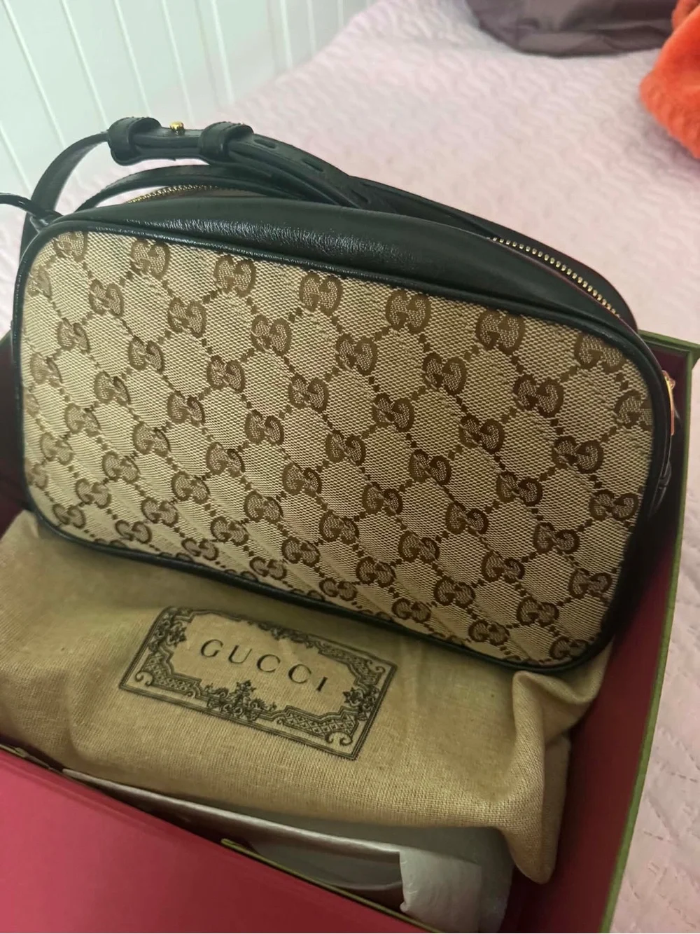 Gucci Brown GG Canvas Crossbody Bag with Black Leather Trim